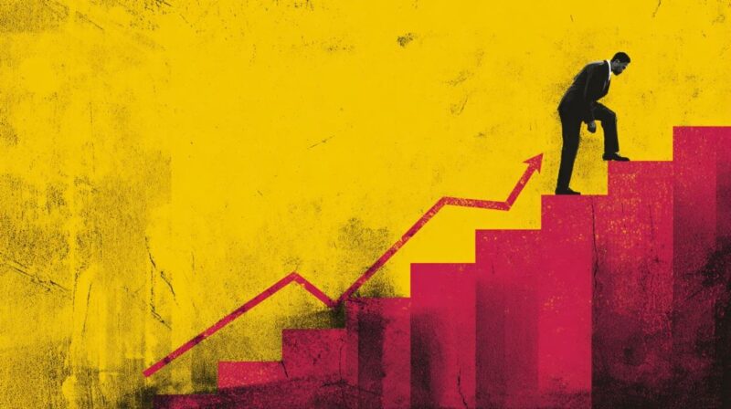 Illustration of a businessperson climbing financial steps beside an upward trend line
