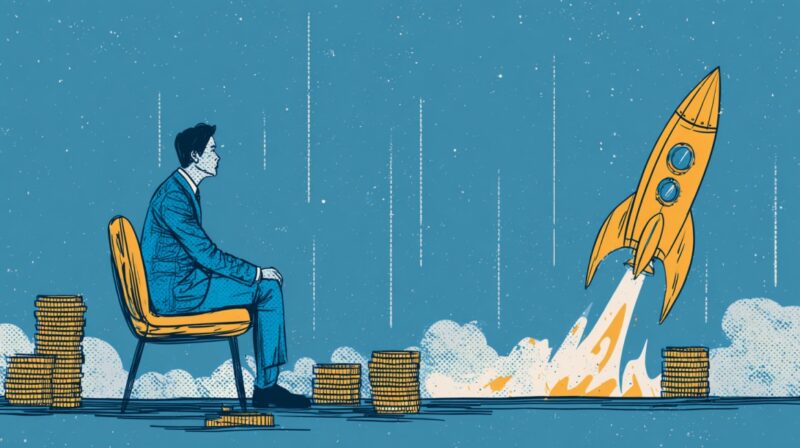 Illustration of a businessperson watching a rocket launch beside stacks of coins