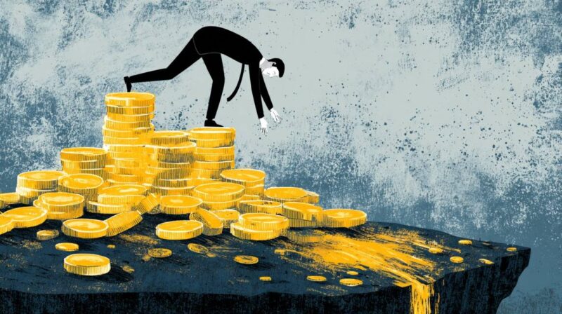 Illustration of a businessperson losing balance on a pile of coins near a financial cliff