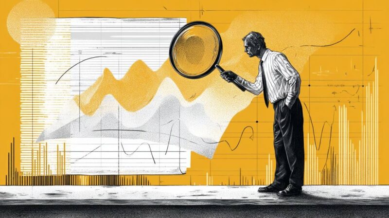 Illustration of a businessperson examining financial charts with a magnifying glass