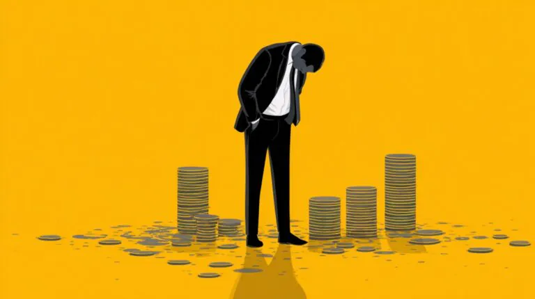 Illustration of a businessperson standing among scattered coins and uneven stacks of money